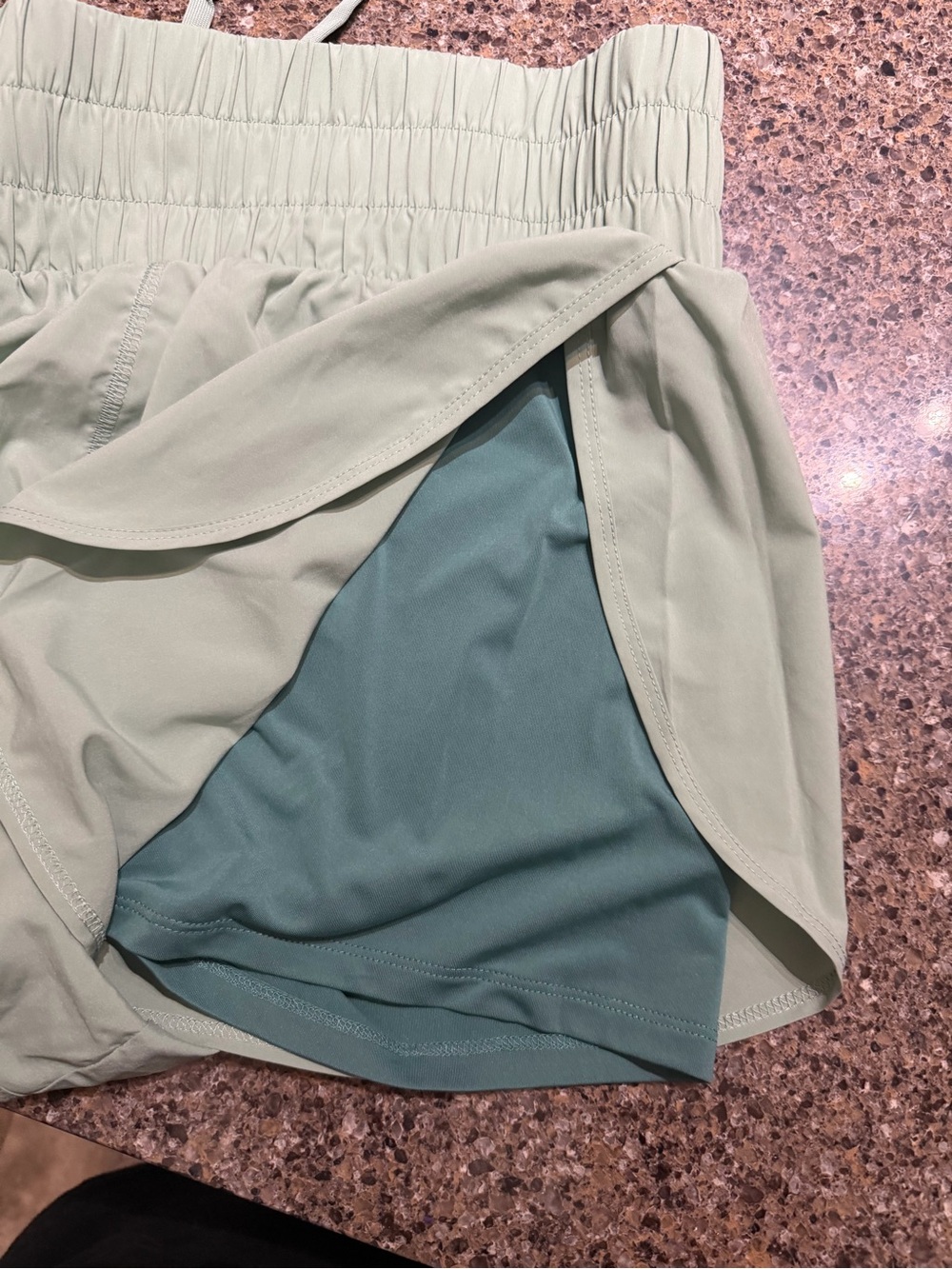 Women’s Sage Green Double-Layer Athletic Shorts with Smocked Waistband - Picture 3 of 4